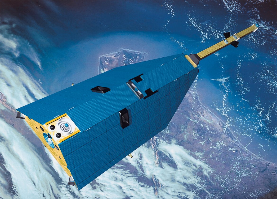 Aufsicht auf einen Satelliten im All