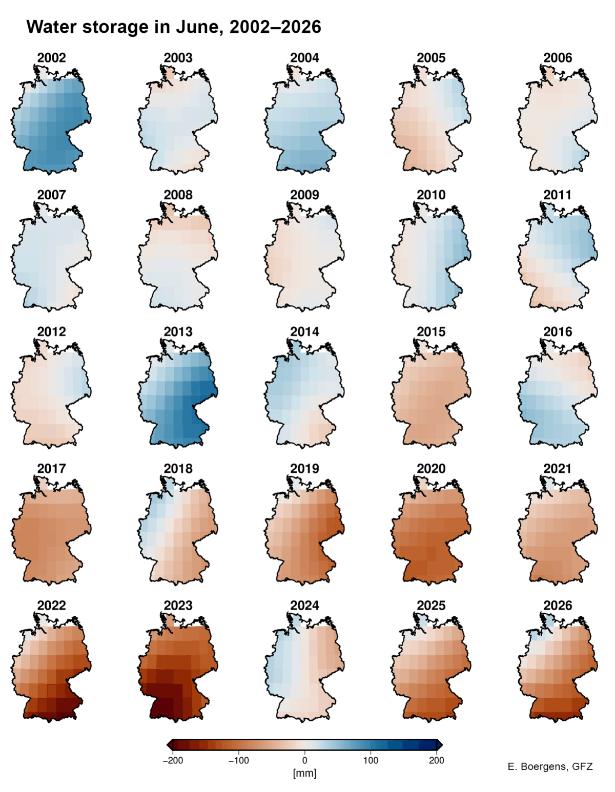 Maps Germany water storage in blue and red