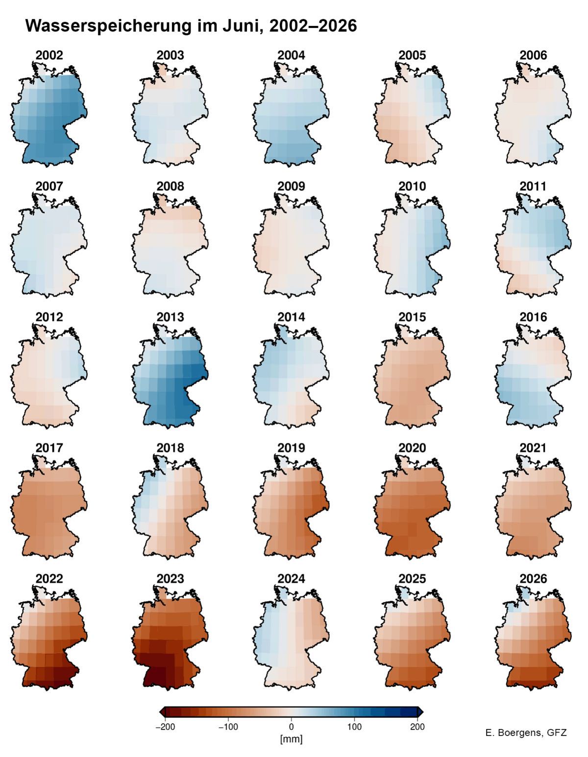 Deuschlandkarten mit rot-blau Färbung für die Darstellung der Wasserspeicher