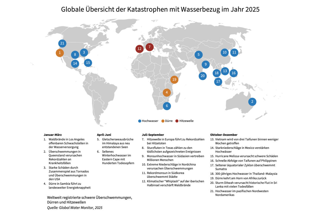 Weltkarte mit Markierung von Extremereignissen